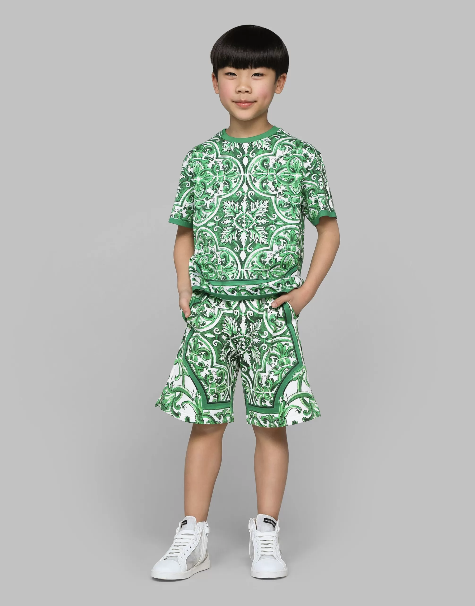 T-Shirts And Sweatshirts>Dolce&Gabbana Jersey T-shirt with green majolica Print