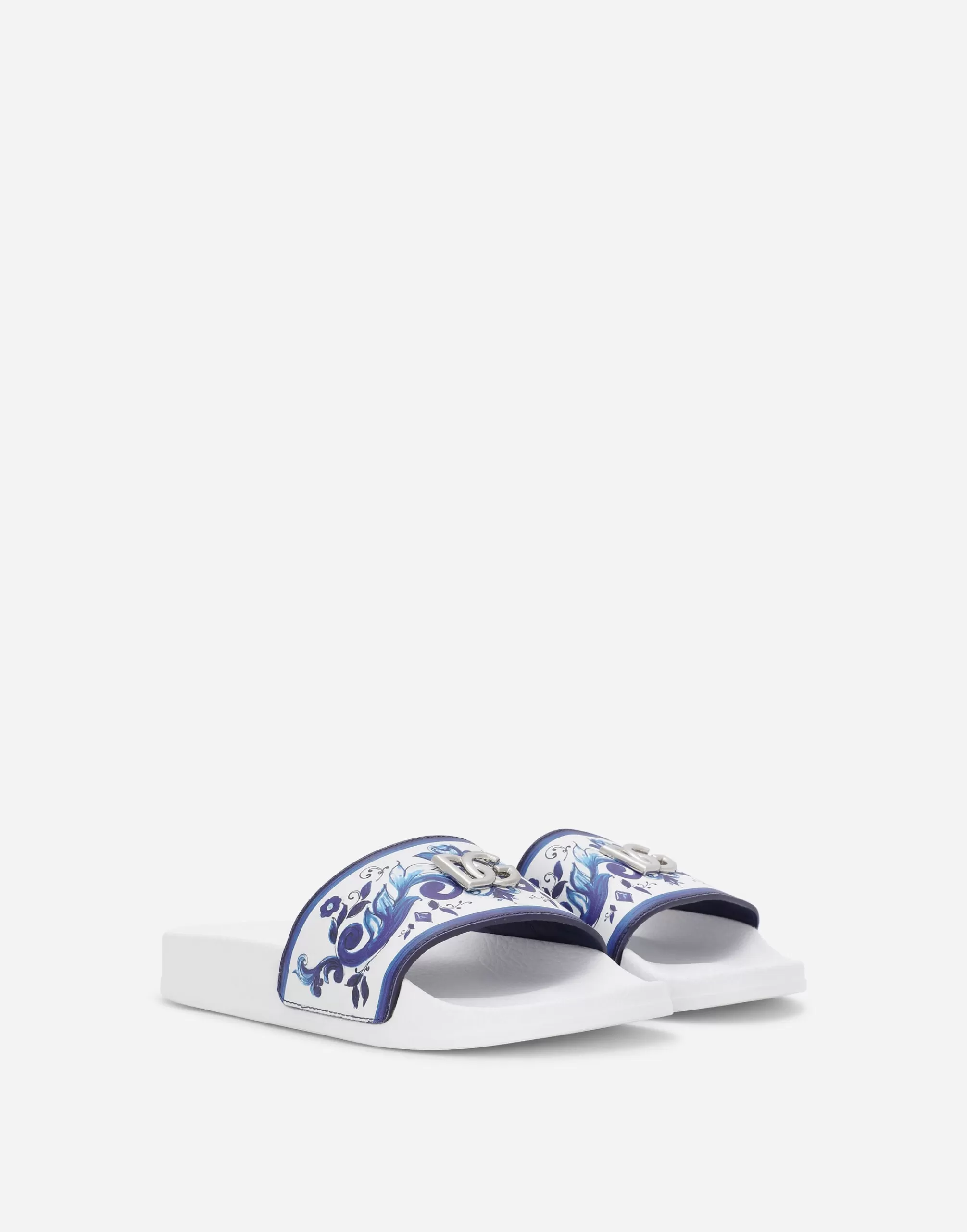 Shoes (24-38)>Dolce&Gabbana Majolica-print sliders with metal DG logo Multicolor